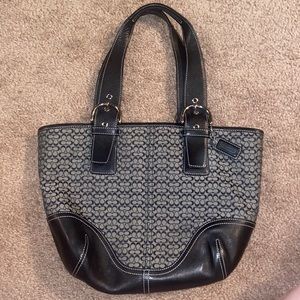 Black Fabric and Leather Coach Purse Logo Print